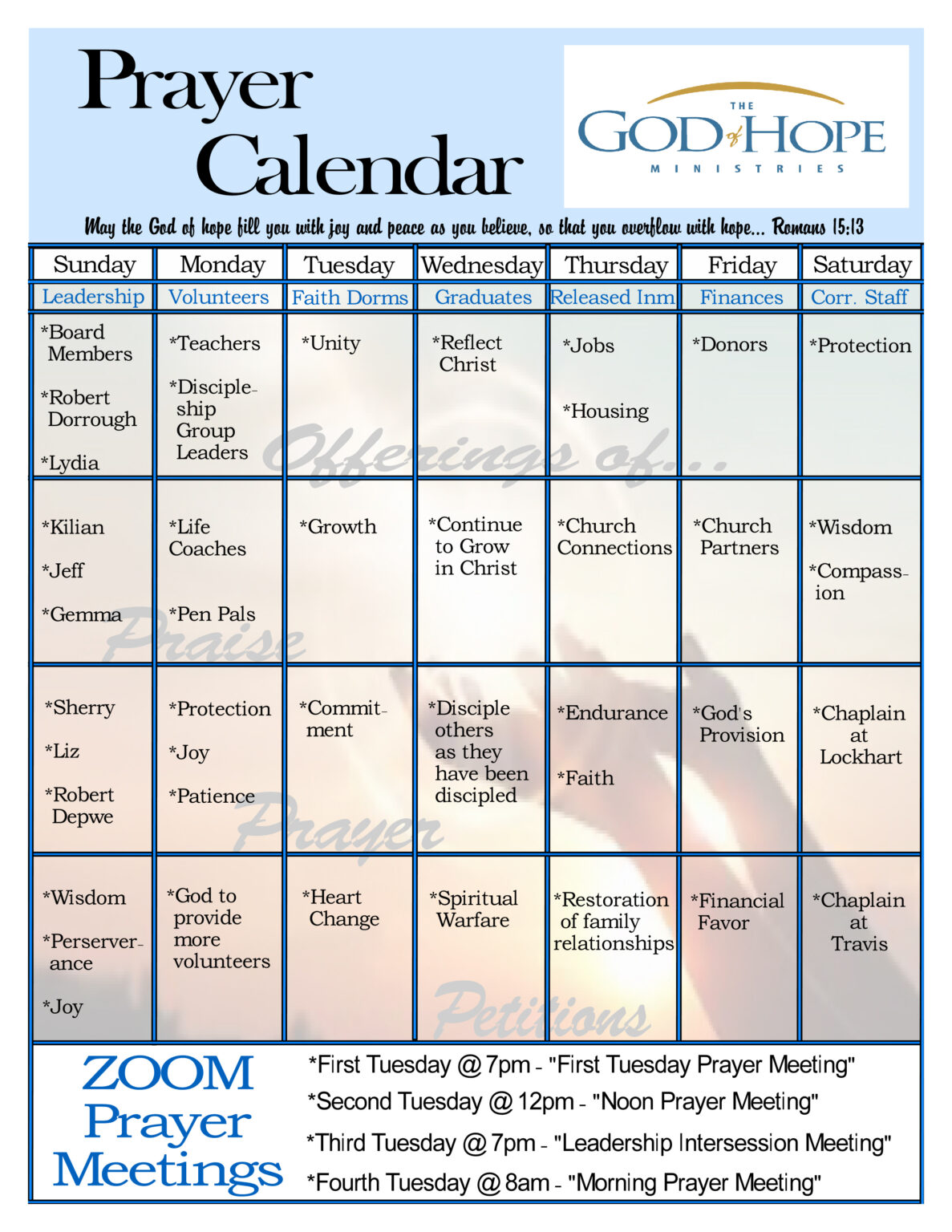 Prayer Schedule | God of Hope Ministries | To provide hope to prison Prayer Schedule | God of Hope Ministries | To provide hope to prison